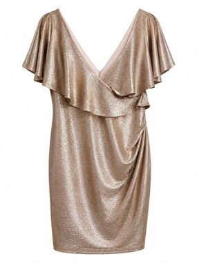 le chateau Metallic Gold V-Neck Ruffle Midi Dress